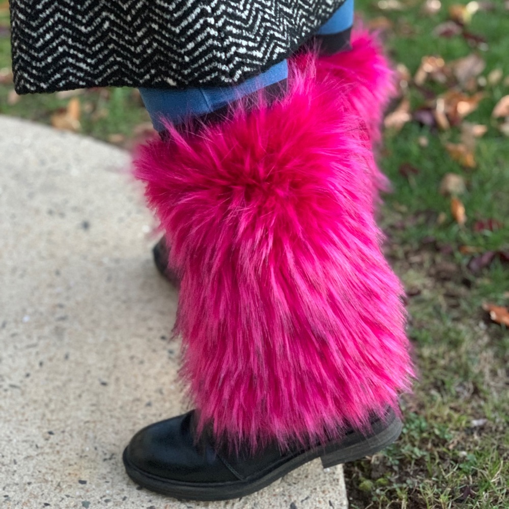 Raspberry faux fur spiked leg warmers. One size fits most. Mid calf length.